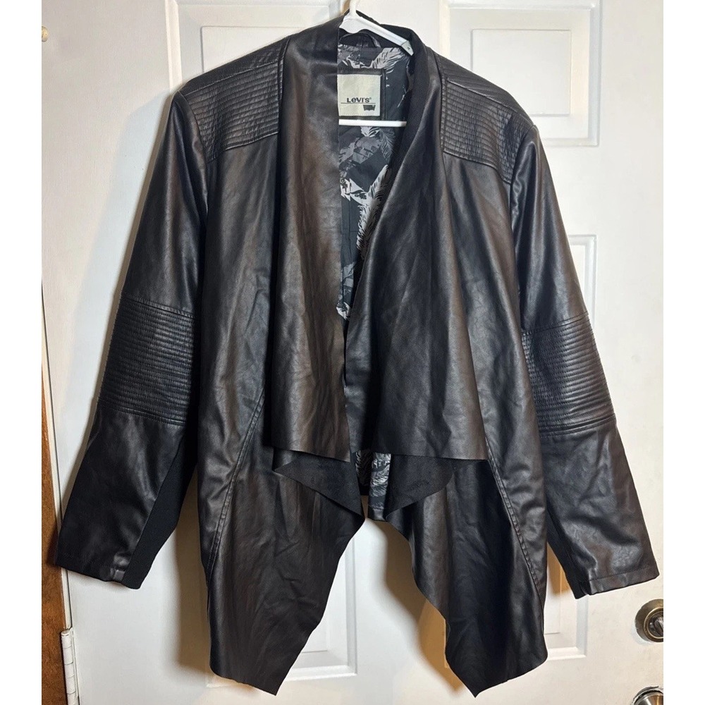 Levi's Faux Leather Jacket 1X‎ Plus Size Black Moto Waterfall Drape Open